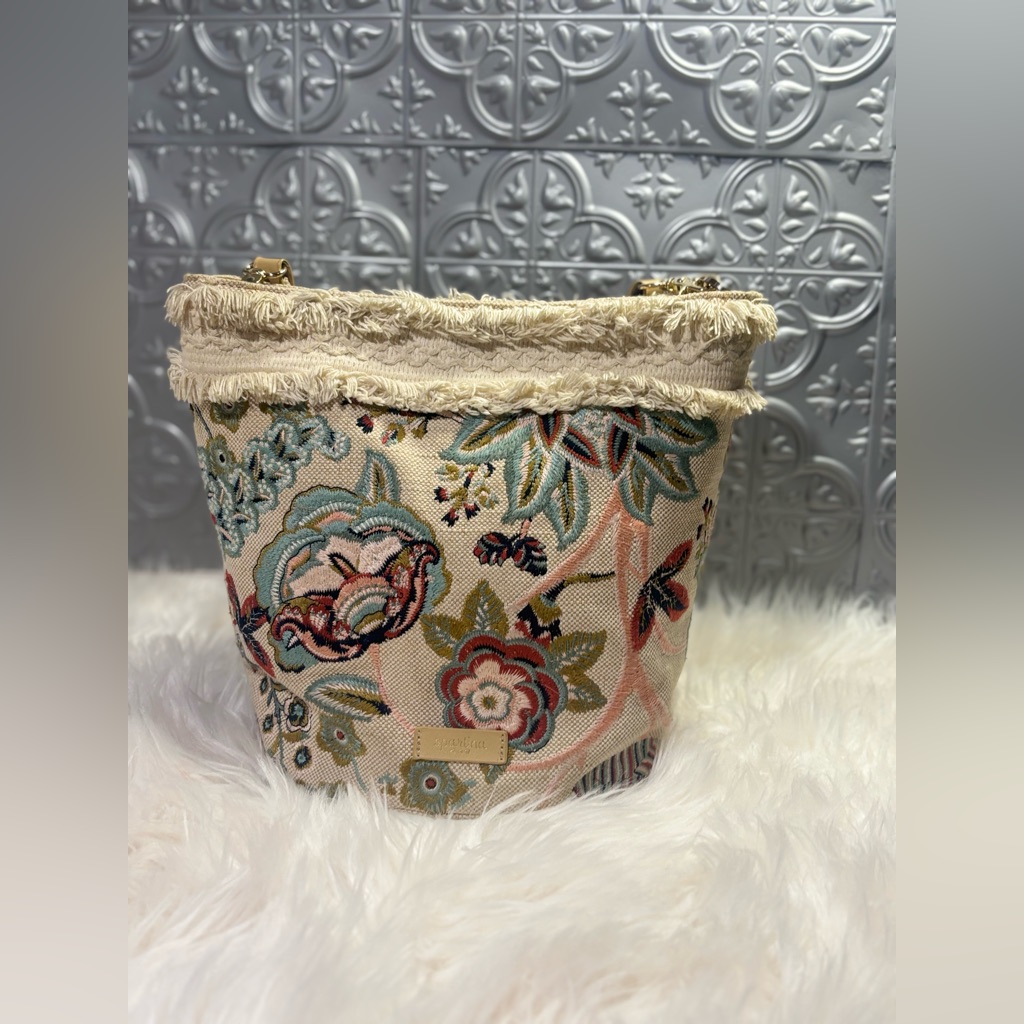 Spartina 449 Floral Embroidered Tapestry Purse Knit Bucket Bag Stitched Luxury
